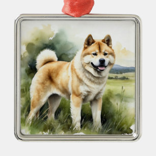 ORNEMENT CARRÉ ARGENTÉ CHIEN AKITA NAÏTE & BLANC