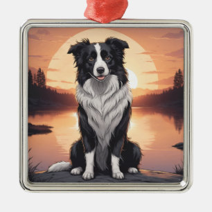 Ornement Carré Argenté Chien Border Collie