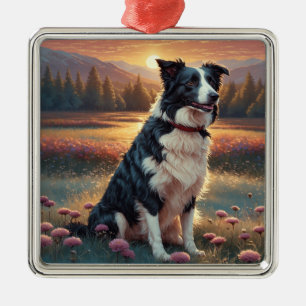 Ornement Carré Argenté Chien Border Collie