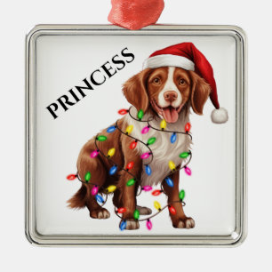 ORNEMENT CARRÉ ARGENTÉ CHIEN BRETAGNE AVEC LUMIÈRE DE NOËL