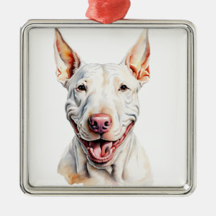 ORNEMENT CARRÉ ARGENTÉ CHIEN BULL TERRIER BLANC A L'AQUARELLE