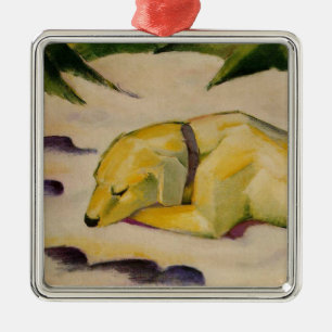 Ornement Carré Argenté Chien couché dans la neige (par Franz Marc)