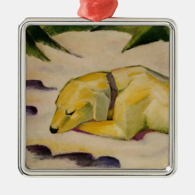 Ornement Carré Argenté Chien couché dans la neige (par Franz Marc) (Devant)
