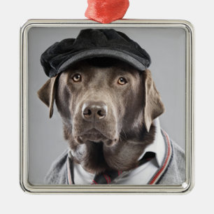 Ornement Carré Argenté Chien dans le chandail et le casquette