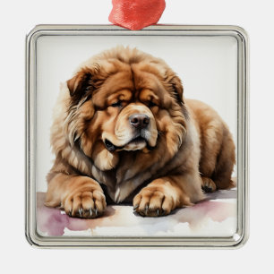 ORNEMENT CARRÉ ARGENTÉ CHIEN DE MASTIFF TIBÉTAIN FLUFFÉ GÉANT