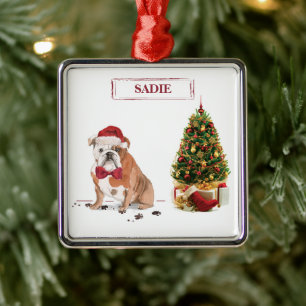 Ornement Carré Argenté Chien de Noël drôle avec arbre