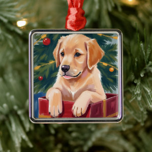 Ornement Carré Argenté Chien de Noël Golden Retriever Cadeau