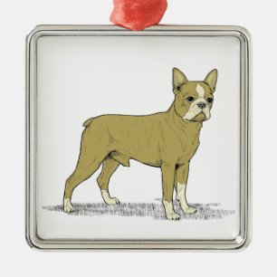 Ornement Carré Argenté Chien de taureau français stylisé vintage C