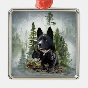 Ornement Carré Argenté Chien d'ours karélien