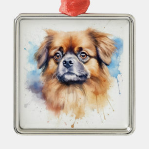 ORNEMENT CARRÉ ARGENTÉ CHIEN ESPAGNOL DU TIBÉTAIN BROWN ET ROSE