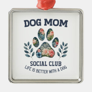 Ornement Carré Argenté Chien Maman Paw Floral