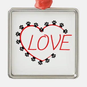 Ornement Carré Argenté Chien Paws Red Heart Love