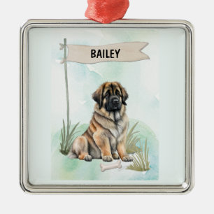 Ornement Carré Argenté Chien personnalisé Leonberger aquarelle
