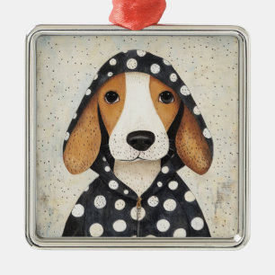 Ornement Carré Argenté Chien triste Beagle en capuche à pois