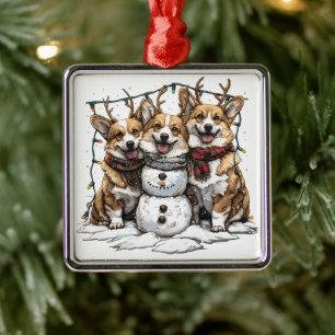 Ornement Carré Argenté Chiens de Noël Chiens de neige
