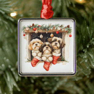 Ornement Carré Argenté Chiens de Noël Chih Tzu