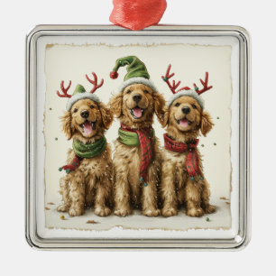 Ornement Carré Argenté Chiens de Noël Golden Retriever