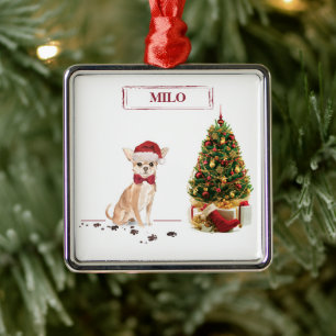 Ornement Carré Argenté Chihuahua Funny Chien de Noël avec arbre