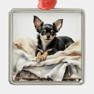 ORNEMENT CARRÉ ARGENTÉ CHIHUAHUA PUPPY DOG NOIR & TAN