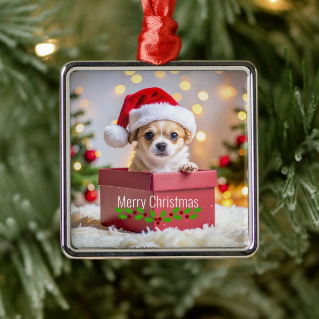 Ornement Carré Argenté Chihuahua Puppy Dog's Christmas (Arbre)