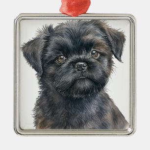 ORNEMENT CARRÉ ARGENTÉ CHIOT DE CHIEN AFFENPINSCHER NOIR MIGNON