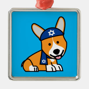 Ornement Carré Argenté Chiot juif heureux de chien de Corgis de corgi de