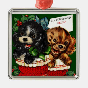 Ornement Carré Argenté Chiots de Noël bonjour