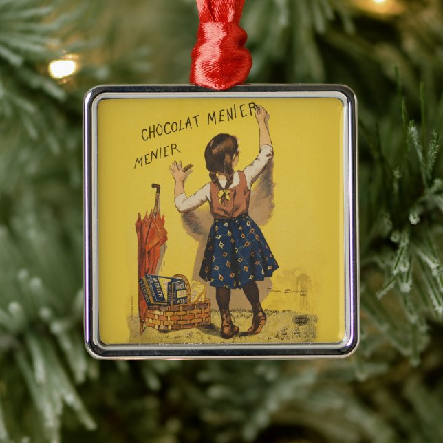 Ornement Carré Argenté Chocolat Menier Petite fille Mur écriture (Arbre)