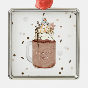 Ornement Carré Argenté Chocolat Snowman Milkshake Noël Année