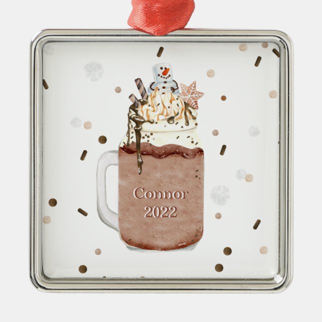 Ornement Carré Argenté Chocolat Snowman Milkshake Noël Année (Devant)