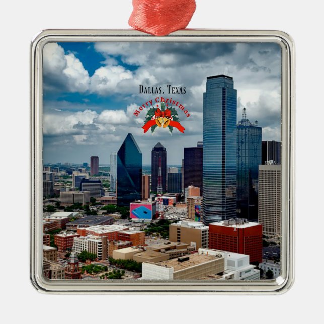 Ornement Carré Argenté Christmas, Dallas, Texas skyline (Devant)