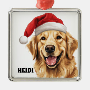 ORNEMENT CARRÉ ARGENTÉ CHRISTMAS GOLDEN RETRIEVER CHIEN AVEC SANTA HAT