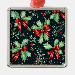 Ornement Carré Argenté Christmas Holly Berry Motif