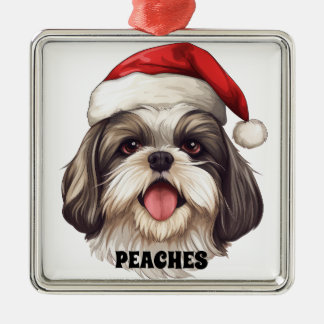 ORNEMENT CARRÉ ARGENTÉ CHRISTMAS SHIH TZU CHIEN AVEC SANTA HAT