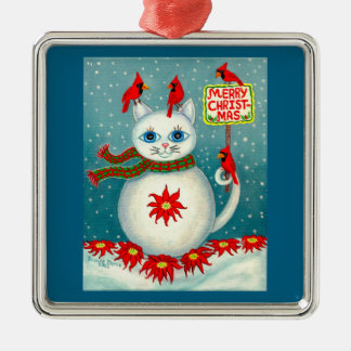 Ornement Carré Argenté Christmas Snowcat Cardinal Bird Snowman Poinsettia