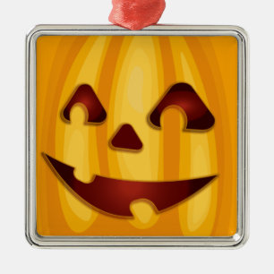 Ornement Carré Argenté Citrouille sculpté souriant design Halloween