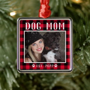 Ornement Carré Argenté Classic Red Plaid Personnalisé Chien Maman Photo