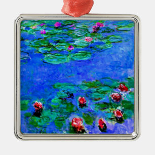 Ornement Carré Argenté Claude Monet art : Lys à eau (rouge)