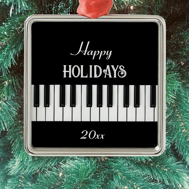 Ornement Carré Argenté Clavier de piano et texte personnalisable noir et  (piano keyboard customizable Christmas decor )