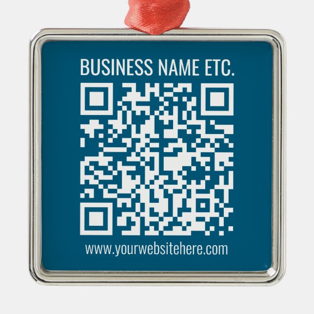 Ornement Carré Argenté Code QR bleu océan modifiable (Devant)