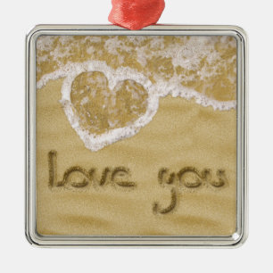 Ornement Carré Argenté Coeur "Love you" écrit dans Sable