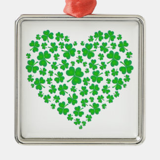 Ornement Carré Argenté Coeur vert irlandais de shamrock