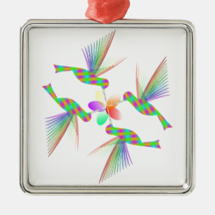 Ornement Carré Argenté Colibris Arc-En-Ciel Embrasser Une Fleur