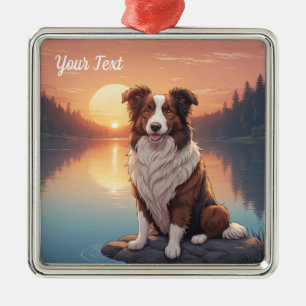 Ornement Carré Argenté Collie rouge et blanc par lac