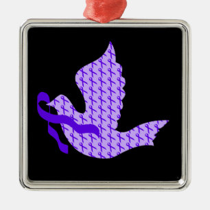 Ornement Carré Argenté Colombe du ruban violet d'espoir -