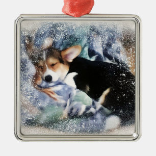 Ornement Carré Argenté Corgi Puyppy doré