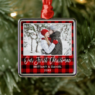Ornement Carré Argenté Couple de plaid rouge brun de Noël