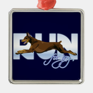 Ornement Carré Argenté Courez pour la joie, dobermann rouge