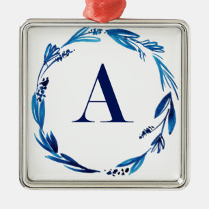 Ornement Carré Argenté Couronne florale bleue "A"