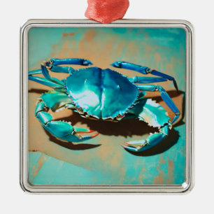 Ornement Carré Argenté Crabe bleu moderne et vif